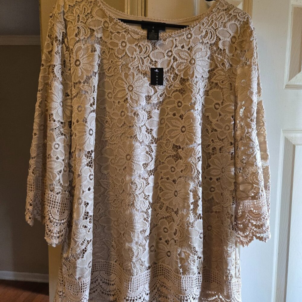 Lace Crochet Tunic Blouse in Beige